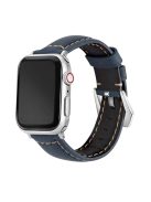 For Apple Watch Series 10 46mm / Ultra 2 Ultra 49mm /  Series 9 8 7 45mm / 6 5 4 SE (2023) SE (2022) SE 44mm / 3 2 1 42mm Watch Band Genuine Leather Silver Buckle Replacement Strap - Matte Blue