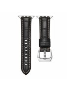 For Apple Watch Series 10 46mm / Ultra 2 Ultra 49mm /  Series 9 8 7 45mm / 6 5 4 SE (2023) SE (2022) SE 44mm / 3 2 1 42mm Watch Band Genuine Leather Silver Buckle Strap - Crocodile Texture / Black