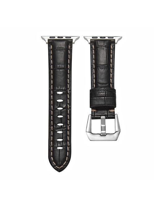 For Apple Watch Series 10 46mm / Ultra 2 Ultra 49mm /  Series 9 8 7 45mm / 6 5 4 SE (2023) SE (2022) SE 44mm / 3 2 1 42mm Watch Band Genuine Leather Silver Buckle Strap - Crocodile Texture / Black