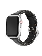 For Apple Watch Series 10 46mm / Ultra 2 Ultra 49mm /  Series 9 8 7 45mm / 6 5 4 SE (2023) SE (2022) SE 44mm / 3 2 1 42mm Watch Band Genuine Leather Silver Buckle Strap - Crocodile Texture / Black