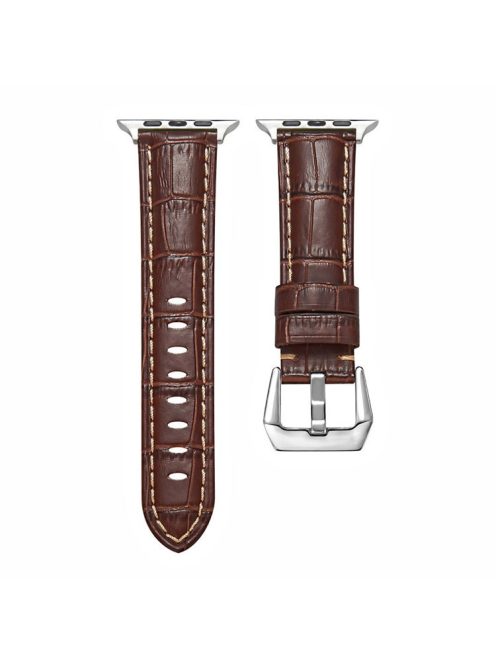 For Apple Watch Series 10 46mm / Ultra 2 Ultra 49mm /  Series 9 8 7 45mm / 6 5 4 SE (2023) SE (2022) SE 44mm / 3 2 1 42mm Watch Band Genuine Leather Silver Buckle Strap - Crocodile Texture / Brown