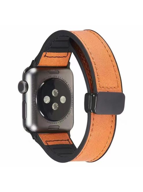 For Apple Watch Series 10 46mm / Ultra 2 Ultra 49mm /  Series 9 8 7 45mm / 6 5 4 SE (2023) SE (2022) SE 44mm / 3 2 1 42mm Watch Strap PU Cover+Silicone Watchband with Magnetic Folding Buckle - Orange