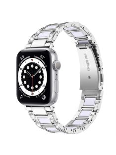   For Apple Watch Series 10 46mm / Ultra 2 Ultra 49mm / 9 8 7 45mm / SE (2023) SE (2022) SE 6 5 4 44mm / 3 2 1 42mm  Stainless Steel Resin Watch Band Rhinestone Decor Strap - Silver / White