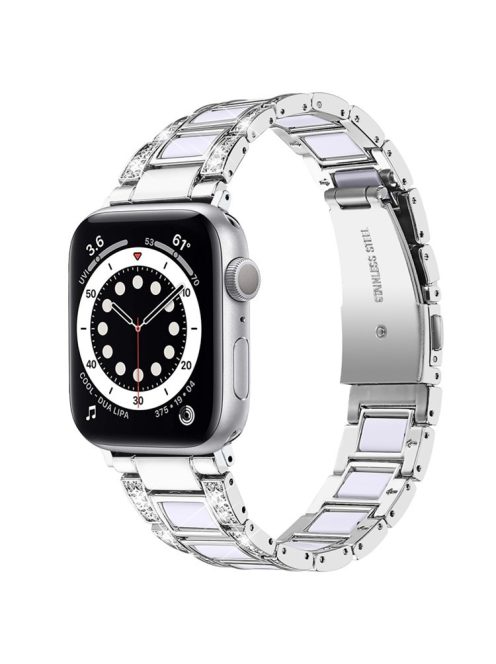 For Apple Watch Series 10 46mm / Ultra 2 Ultra 49mm / 9 8 7 45mm / SE (2023) SE (2022) SE 6 5 4 44mm / 3 2 1 42mm  Stainless Steel Resin Watch Band Rhinestone Decor Strap - Silver / White