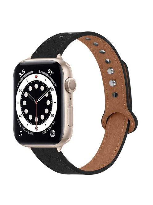 For Apple Watch Series 10 46mm / Ultra 2 Ultra 49mm / 9 8 7 45mm / SE (2023) SE (2022) SE 6 5 4 44mm / 3 2 1 42mm Genuine Cowhide Leather Double Snap Button Watch Band (Retro Gold Connector) - Black