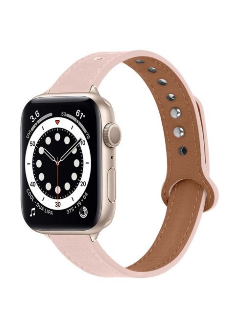 For Apple Watch Series 10 46mm / Ultra 2 Ultra 49mm / 9 8 7 45mm / SE (2023) SE (2022) SE 6 5 4 44mm / 3 2 1 42mm Genuine Cowhide Leather Double Snap Button Watch Band (Retro Gold Connector) - Light Pink