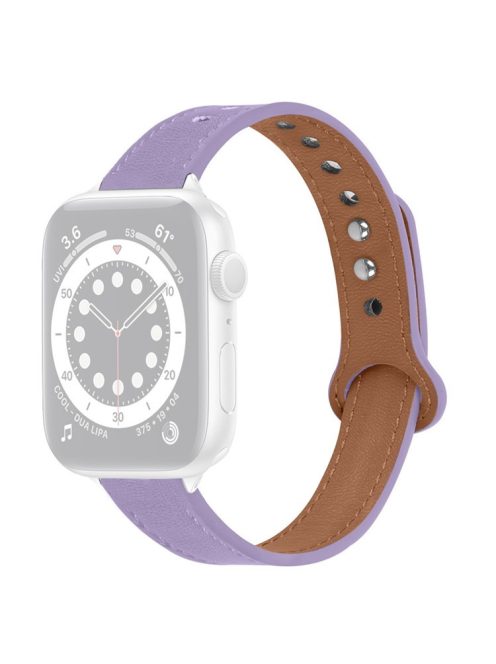 For Apple Watch Series 10 46mm / Ultra 2 Ultra 49mm / 9 8 7 45mm / SE (2023) SE (2022) SE 6 5 4 44mm / 3 2 1 42mm Genuine Cowhide Leather Watch Band Double Snap Button Strap, Silver Connector - Light Purple