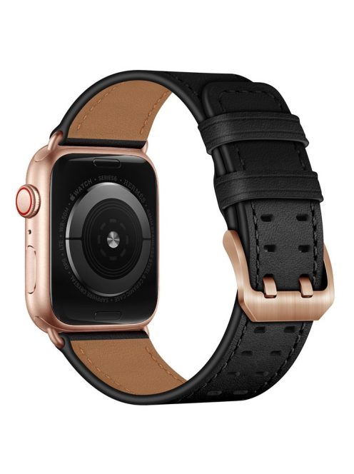 For Apple Watch Series 10 46mm / Ultra 2 Ultra 49mm / 9 8 7 45mm / SE (2023) SE (2022) SE 6 5 4 44mm / 3 2 1 42mm Genuine Leather Watch Band Quick Release Strap Replacement - Black / Rose Gold Buckle