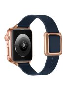 For Apple Watch Series 10 46mm / Ultra 2 Ultra 49mm / 9 8 7 45mm / SE (2023) SE (2022) SE 6 5 4 44mm / 3 2 1 42mm Genuine Leather Watch Strap Rose Gold Buckle Magnetic Closure Wristband - Midnight Blue