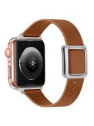 For Apple Watch Series 10 46mm / Ultra 2 Ultra 49mm / 9 8 7 45mm / SE (2023) SE (2022) SE 6 5 4 44mm / 3 2 1 42mm Magnetic Design Silver Buckle Genuine Leather Replacement Watch Wrist Strap - Brown