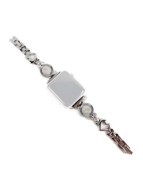 For Apple Watch Series 10 46mm / Ultra 2 Ultra 49mm / 9 8 7 45mm / SE (2023) SE (2022) SE 6 5 4 44mm / 3 2 1 42mm Metal Heart Ethnic Style Bracelet Rhinestone Decor Wrist Strap Watch Band - Silver