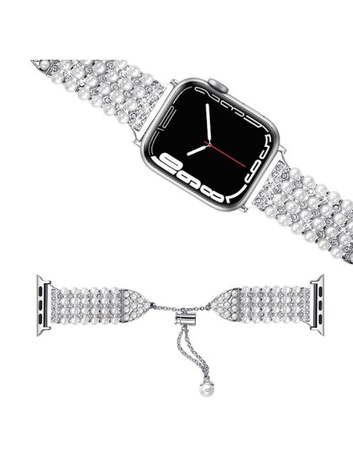 For Apple Watch Series 10 46mm / Ultra 2 Ultra 49mm / 9 8 7 45mm / SE (2023) SE (2022) SE 6 5 4 44mm / 3 2 1 42mm Pearls Rhinestone Decor Metal Watch Band Bracelet Wrist Strap