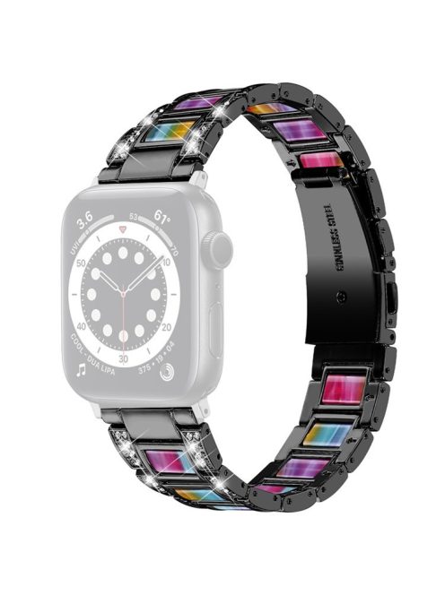 For Apple Watch Series 10 46mm / Ultra 2 Ultra 49mm / 9 8 7 45mm / SE (2023) SE (2022) SE 6 5 4 44mm / 3 2 1 42mm Resin Watch Band Rhinestone Decor Stainless Steel Strap - Black / Colorful