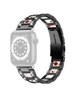   For Apple Watch Series 10 46mm / Ultra 2 Ultra 49mm / 9 8 7 45mm / SE (2023) SE (2022) SE 6 5 4 44mm / 3 2 1 42mm Resin Watch Band Rhinestone Decor Stainless Steel Strap - Black / Nougat Pattern