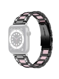   For Apple Watch Series 10 46mm / Ultra 2 Ultra 49mm / 9 8 7 45mm / SE (2023) SE (2022) SE 6 5 4 44mm / 3 2 1 42mm Resin Watch Band Rhinestone Decor Stainless Steel Strap - Black / Pink