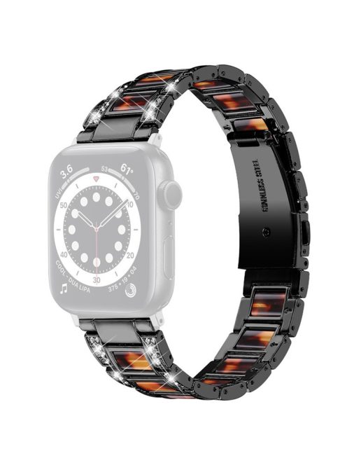 For Apple Watch Series 10 46mm / Ultra 2 Ultra 49mm / 9 8 7 45mm / SE (2023) SE (2022) SE 6 5 4 44mm / 3 2 1 42mm Resin Watch Band Rhinestone Decor Stainless Steel Strap - Black / Tortoiseshell Color