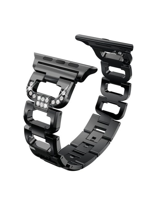 For Apple Watch Series 10 46mm / Ultra 2 Ultra 49mm / 9 8 7 45mm / SE (2023) SE (2022) SE 6 5 4 44mm / 3 2 1 42mm Rhinestone Decor Watch Strap D Shaped Stainless Steel Watch Band - Black