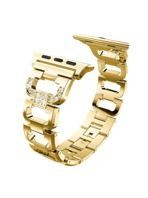 For Apple Watch Series 10 46mm / Ultra 2 Ultra 49mm / 9 8 7 45mm / SE (2023) SE (2022) SE 6 5 4 44mm / 3 2 1 42mm Rhinestone Decor Watch Strap D Shaped Stainless Steel Watch Band - Gold