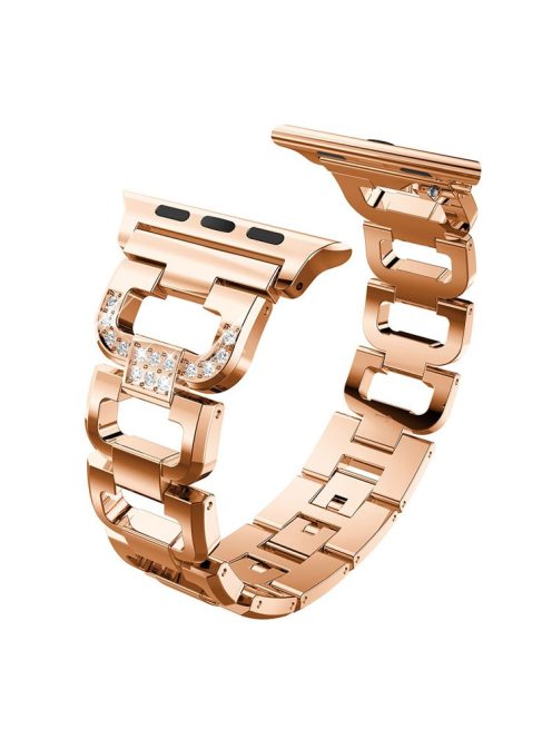 For Apple Watch Series 10 46mm / Ultra 2 Ultra 49mm / 9 8 7 45mm / SE (2023) SE (2022) SE 6 5 4 44mm / 3 2 1 42mm Rhinestone Decor Watch Strap D Shaped Stainless Steel Watch Band - Rose Gold