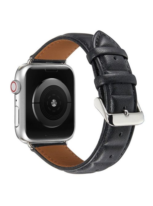 For Apple Watch Series 10 46mm / Ultra 2 Ultra 49mm / 9 8 7 45mm / SE (2023) SE (2022) SE 6 5 4 44mm / 3 2 1 42mm Square Imprinted Texture Genuine Leather Smartwatch Replacement Strap - Black