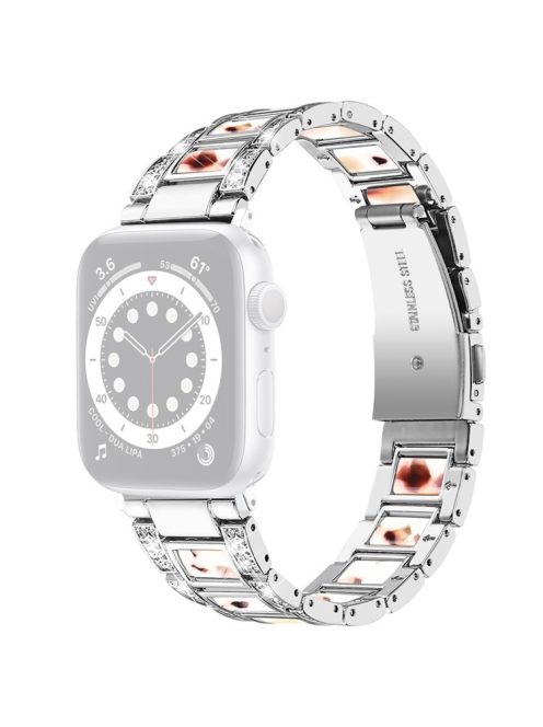 For Apple Watch Series 10 46mm / Ultra 2 Ultra 49mm / 9 8 7 45mm / SE (2023) SE (2022) SE 6 5 4 44mm / 3 2 1 42mm Stainless Steel Resin Watch Band Rhinestone Decor Wristband - Silver / Nougat Pattern