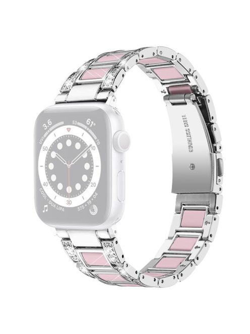 For Apple Watch Series 10 46mm / Ultra 2 Ultra 49mm / 9 8 7 45mm / SE (2023) SE (2022) SE 6 5 4 44mm / 3 2 1 42mm Stainless Steel Resin Watch Band Rhinestone Decor Wristband - Silver / Pink