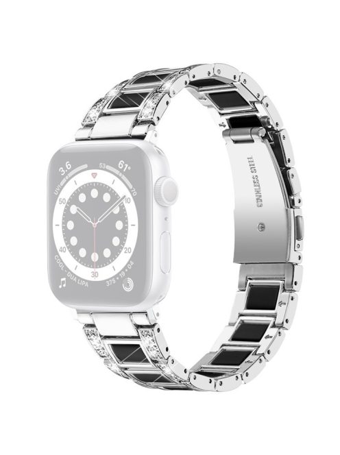 For Apple Watch Series 10 46mm / Ultra 2 Ultra 49mm / 9 8 7 45mm / SE (2023) SE (2022) SE 6 5 4 44mm / 3 2 1 42mm Stainless Steel Resin Watch Band Rhinestone Decor Wristband - Silver / Tortoiseshell Color