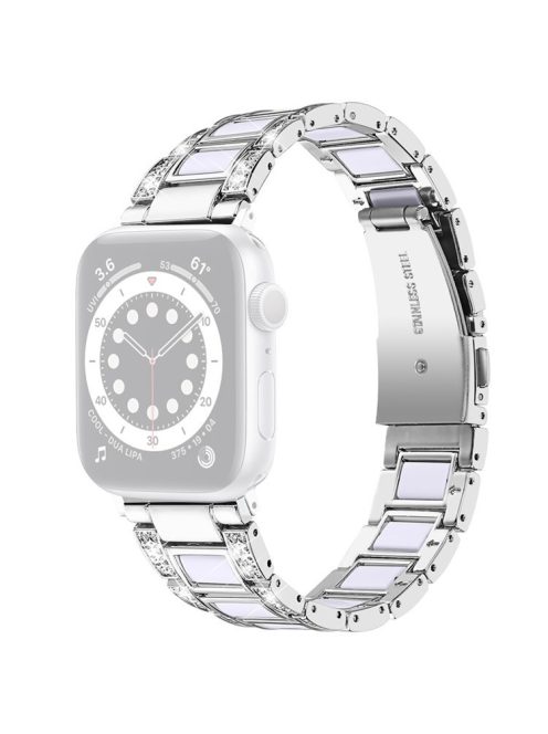 For Apple Watch Series 10 46mm / Ultra 2 Ultra 49mm / 9 8 7 45mm / SE (2023) SE (2022) SE 6 5 4 44mm / 3 2 1 42mm Stainless Steel Resin Watch Band Rhinestone Decor Wristband - Silver / White