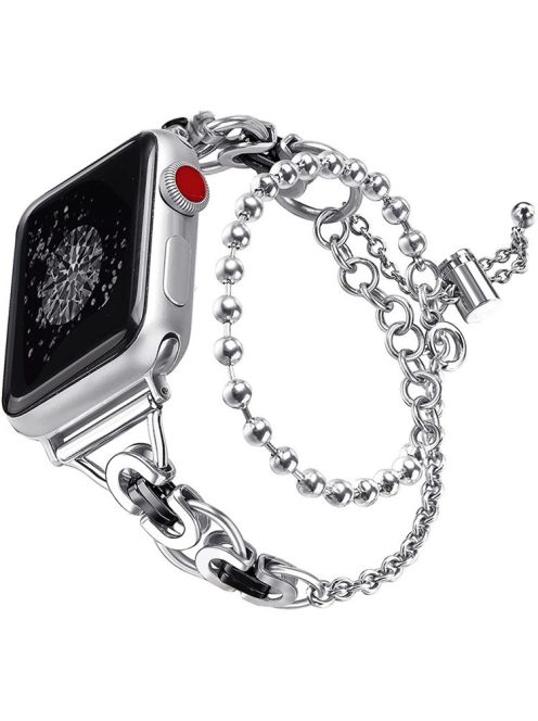 For Apple Watch Series 10 46mm / Ultra 2 Ultra 49mm / 9 8 7 45mm / SE (2023) SE (2022) SE 6 5 4 44mm / 3 2 1 42mm Stretch Jewelry Wristband Stainless Steel Watch Strap for Women Girls - Silver / Black