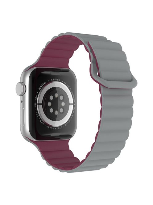 For Apple Watch Series 10 46mm / Ultra 2 Ultra 49mm / Series 9 8 7 45mm / SE (2023) SE (2022) SE 6 5 4 44mm / 3 2 1 42mm Magnetic Adsorption Silicone Strap Wrist Band with Tail Buckle - Grey / Wine Red