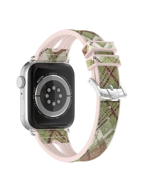 For Apple Watch Series 10 46mm / Ultra 2 Ultra 49mm / Series 9 8 7 45mm / SE (2023) SE (2022) SE 6 5 4 44mm / 3 2 1 42mm Silicone + Glitter Leather Watch Strap Adjustable Wristband - Yellow Green Grid