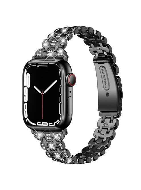 For Apple Watch Series 10 46mm / Ultra 2 Ultra 49mm / Series 9 8 7 45mm / SE (2023) SE (2022) SE 6 5 4 44mm / 3 2 1 42mm Watch Strap Stainless Steel Rhinestone Decor Wrist Band - Black