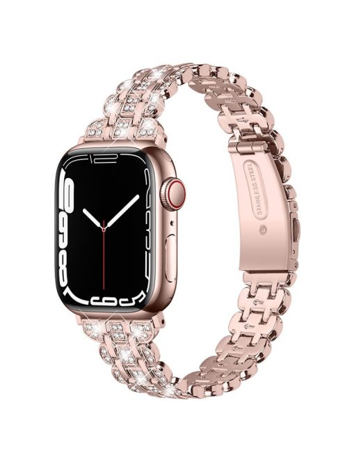 For Apple Watch Series 10 46mm / Ultra 2 Ultra 49mm / Series 9 8 7 45mm / SE (2023) SE (2022) SE 6 5 4 44mm / 3 2 1 42mm Watch Strap Stainless Steel Rhinestone Decor Wrist Band - Pink / Gold