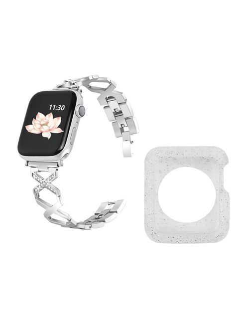 For Apple Watch Series 3 / 2 / 1 38mm Hollow X-Shape Rhinestones Decor Stainless Steel Watch Band + Glitter Silver TPU Protective Watch Case - Silver