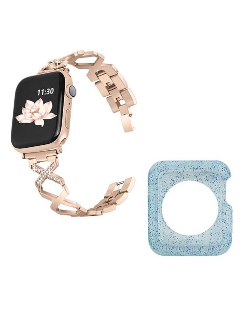 For Apple Watch Series 3 / 2 / 1 38mm Rhinestones Decor Hollow X-Shape Stylish Stainless Steel Watch Band + Glitter Blue TPU Watch Case - Gold