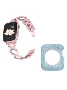 For Apple Watch Series 3 / 2 / 1 38mm Rhinestones Decor Hollow X-Shape Stylish Stainless Steel Watch Band + Glitter Blue TPU Watch Case - Rose Pink