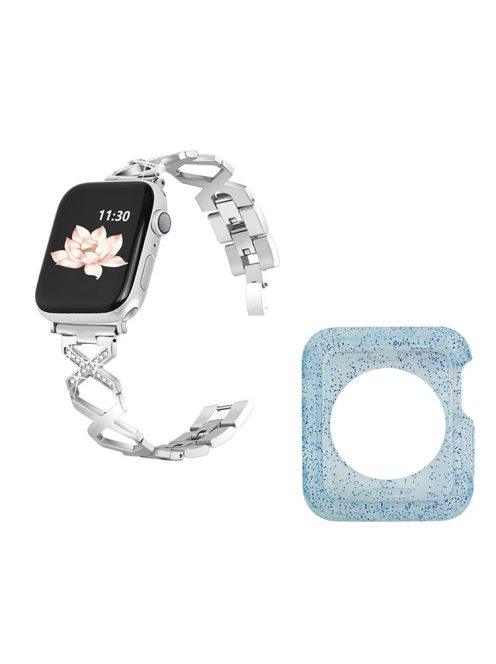 For Apple Watch Series 3 / 2 / 1 38mm Rhinestones Decor Hollow X-Shape Stylish Stainless Steel Watch Band + Glitter Blue TPU Watch Case - Silver