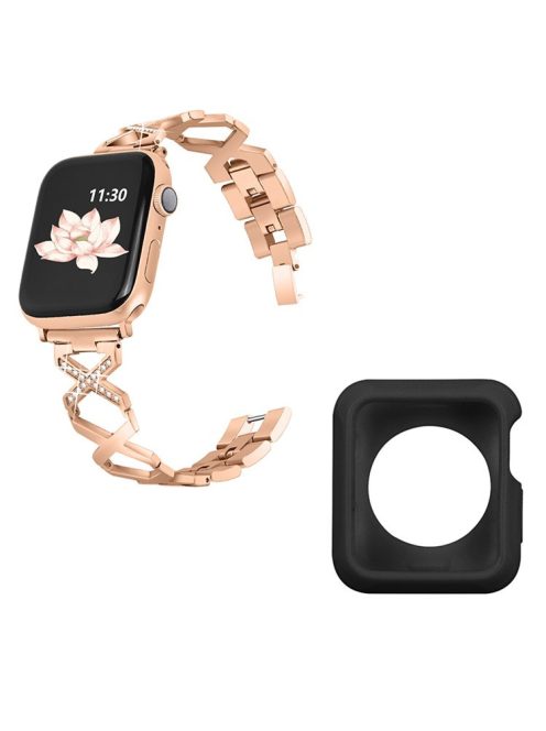 For Apple Watch Series 3 / 2 / 1 38mm Shiny Rhinestones Hollow X-Shape Design Stainless Steel Replace Strap + Black TPU Watch Protective Case - Rose Gold