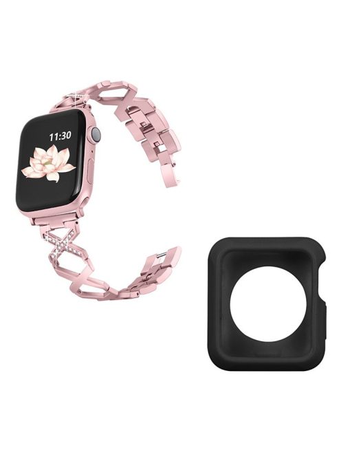 For Apple Watch Series 3 / 2 / 1 38mm Shiny Rhinestones Hollow X-Shape Design Stainless Steel Replace Strap + Black TPU Watch Protective Case - Rose Pink