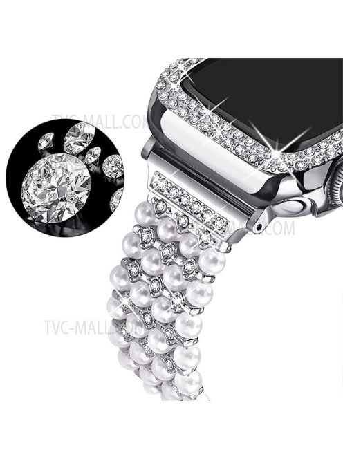 For Apple Watch Series 3 / 2 / 1 38mm Stylish Pearl Rhinestone Decor Drawstring Metal Replacement Watch Strap Bracelet + PC Watch Case Frame - Silver