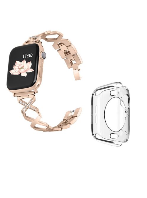 For Apple Watch Series 3 / 2 / 1 38mm Stylish Rhinestones Decor Hollow X-Shape Stainless Steel Wrist Strap + Transparent TPU Watch Case - Gold