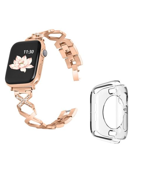 For Apple Watch Series 3 / 2 / 1 38mm Stylish Rhinestones Decor Hollow X-Shape Stainless Steel Wrist Strap + Transparent TPU Watch Case - Rose Gold