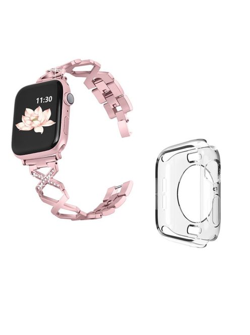 For Apple Watch Series 3 / 2 / 1 38mm Stylish Rhinestones Decor Hollow X-Shape Stainless Steel Wrist Strap + Transparent TPU Watch Case - Rose Pink