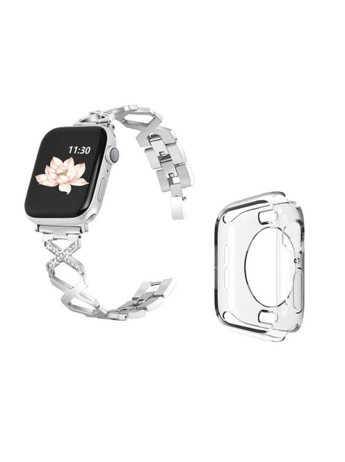 For Apple Watch Series 3 / 2 / 1 38mm Stylish Rhinestones Decor Hollow X-Shape Stainless Steel Wrist Strap + Transparent TPU Watch Case - Silver