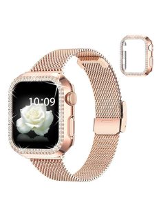   For Apple Watch Series 3 / 2 / 1 38mm T-Shape Buckle Milanese Watch Strap Metal Wrist Band with Rhinestone Decor Anti-Scratch PC Watch Case - Rose Gold