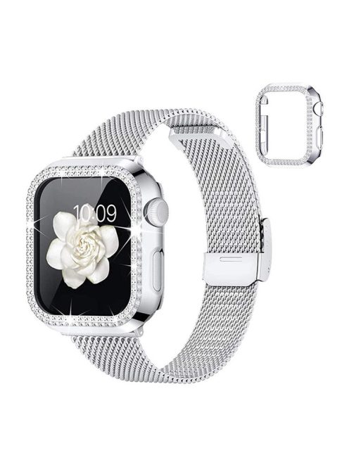 For Apple Watch Series 3 / 2 / 1 38mm T-Shape Buckle Milanese Watch Strap Metal Wrist Band with Rhinestone Decor Anti-Scratch PC Watch Case - Silver