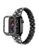 For Apple Watch Series 3 / 2 / 1 38mm Thread Design Stainless Steel Watch Strap + Double Row Rhinestone PC Protective Case - Black / Black