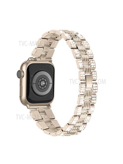 For Apple Watch Series 3 / 2 / 1 38mm Thread Design Stainless Steel Watch Strap + Double Row Rhinestone PC Protective Case - Gold / Transparent