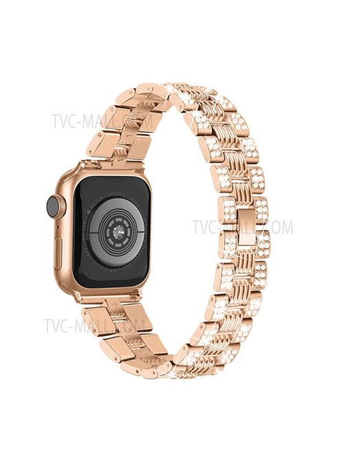 For Apple Watch Series 3 / 2 / 1 38mm Thread Design Stainless Steel Watch Strap + Double Row Rhinestone PC Protective Case - Rose Gold / Rose Gold