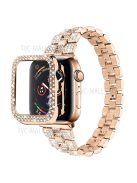 For Apple Watch Series 3 / 2 / 1 38mm Thread Design Stainless Steel Watch Strap + Double Row Rhinestone PC Protective Case - Rose Gold / Rose Gold